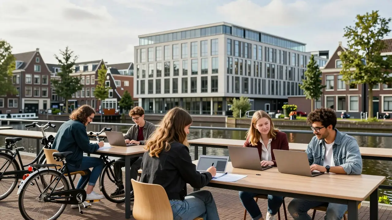 Dãy nhà ven kênh Amsterdam với kiến trúc đặc trưng, minh hoạ ngành kiến trúc và thiết kế đô thị ở Hà Lan